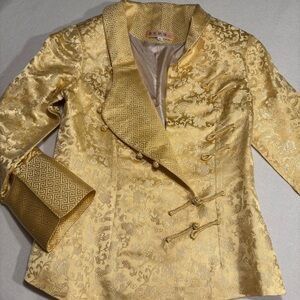 Women’s Asian Light Yellow Silk Blazer Size Medium Dragon And Floral Design